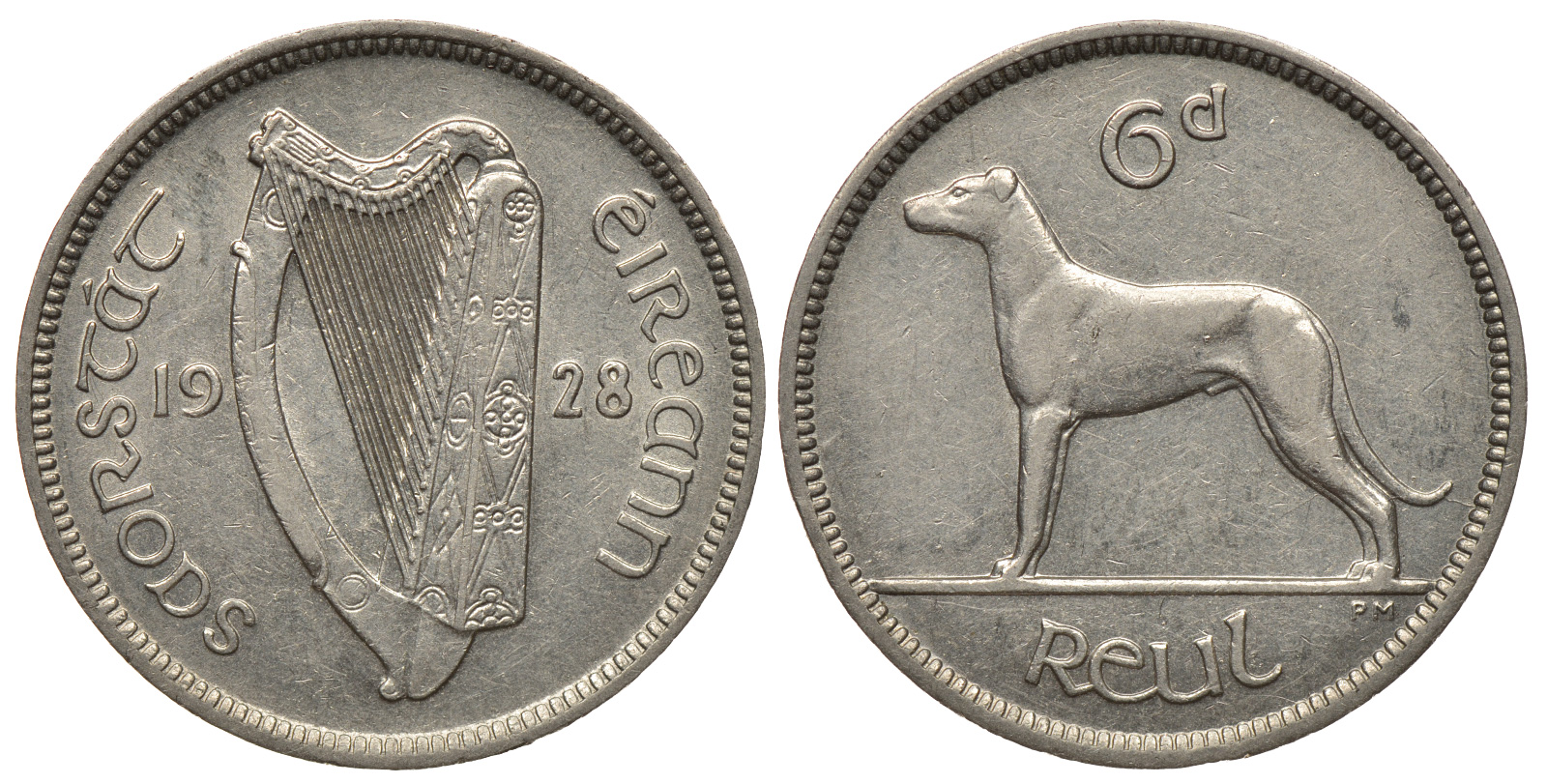 Ирландия 6 пенсов 1928 собака, ирландский волкодав KM 5 никель 4681-135