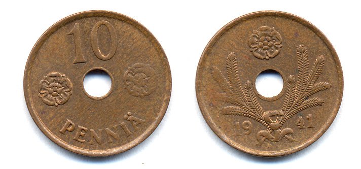 ФИНЛЯНДИЯ 10 ПЕННИ 1941 KM 33.1 медь 51-4914