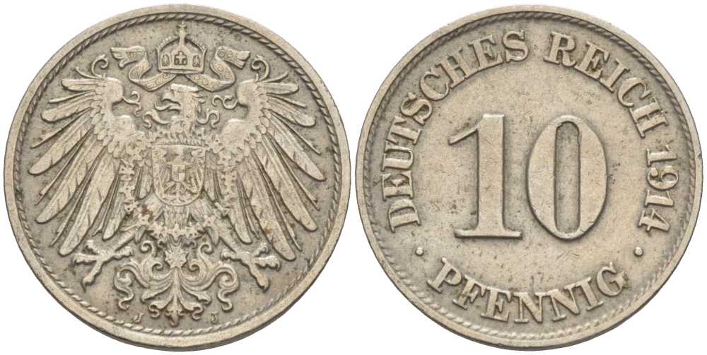 ГЕРМАНИЯ 10 ПФЕННИГОВ 1914 J KM 12, J. 13 медно-никель 33-717
