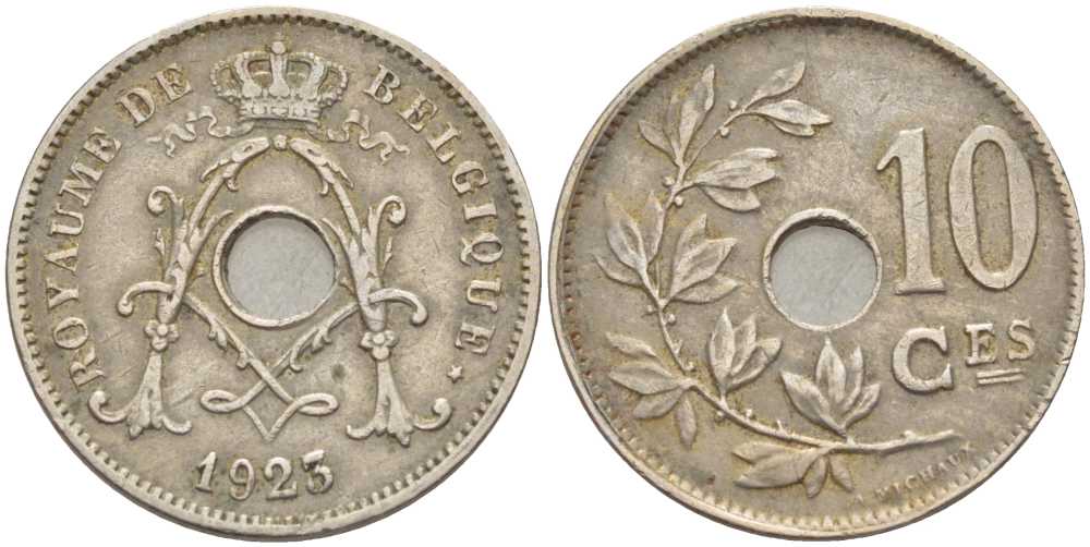 БЕЛЬГИЯ 10 САНТИМОВ 1923 BELGIQUE KM 85.1 медно-никель 213-453