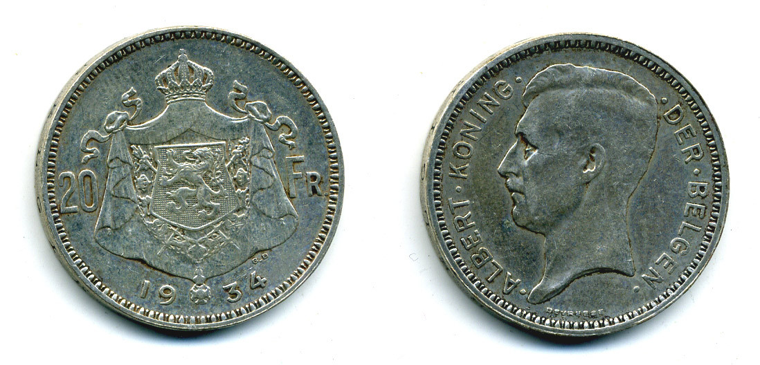 Бельгия 20 франков 1934 Альберт I (1909-1934), Der Belgen KM 104.1 серебро 86-1841