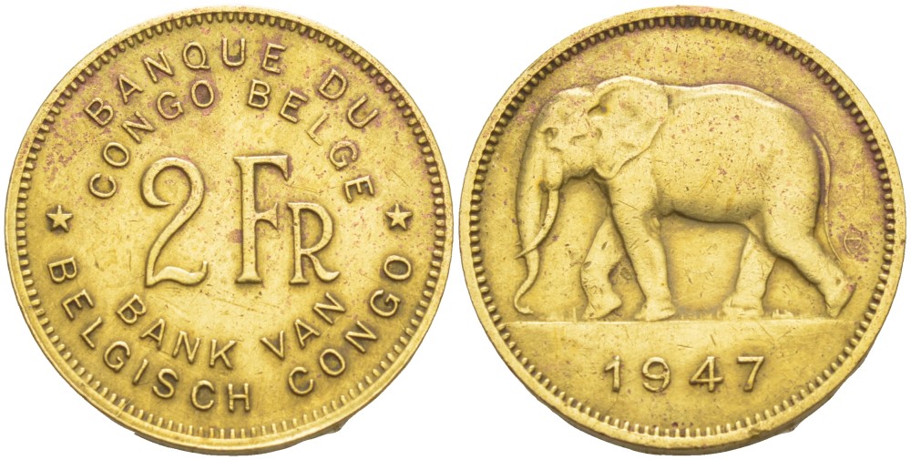 Бельгийское Конго 2 франка 1947 слон KM 28 латунь 4541-1037