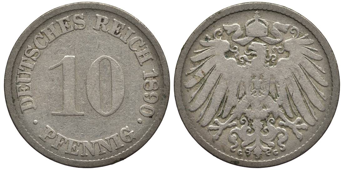 ГЕРМАНИЯ 10 ПФЕННИГОВ 1890 G KM 12, Jager 13, Weege 8 медно-никель 4529-1047