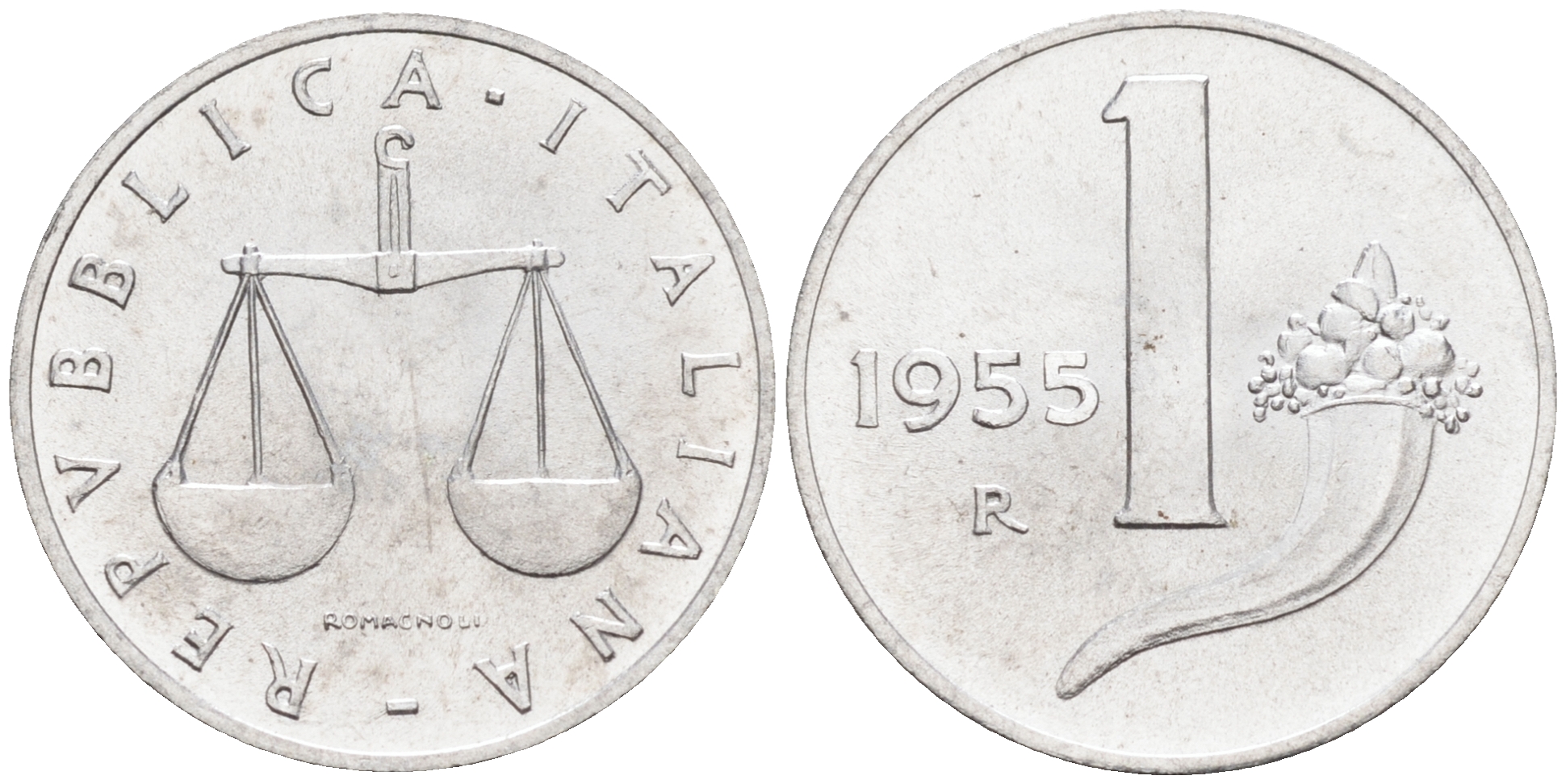 Италия 1 лира 1955 R, весы KM 91 алюминий  UNC  4594-153