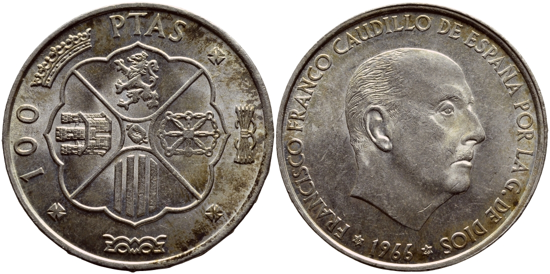 Испания 100 песет 1966 (66) Франсиско Франко (1939-1975) KM 797 серебро UNC 633-714