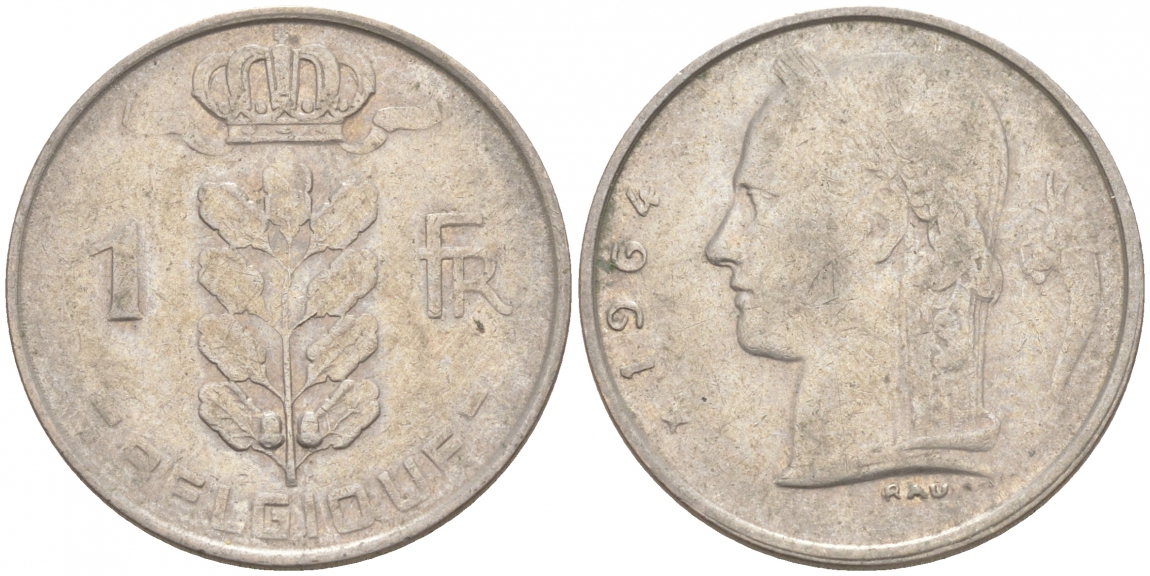 БЕЛЬГИЯ 1 ФРАНК 1964 BELGIQUE KM 142.1 медно-никель 68-335