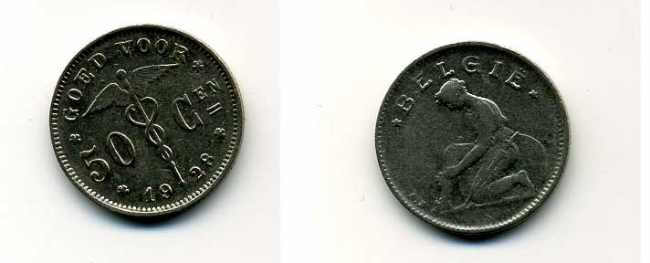 БЕЛЬГИЯ 50 САНТИМОВ 1928 BELGIE KM 88 никель 46-2262