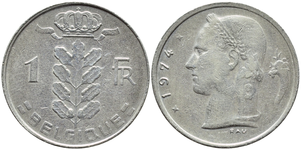 Бельгия 1 франк 1974 Belgique, Бодуэн I (1951-1993) KM 142.1 медно-никель 4382-1044