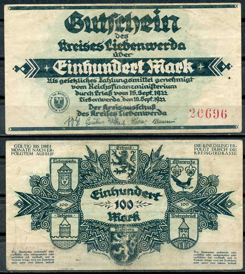 Германия, Либенверда 100 марок 1922 нотгельд, 16.09.1922, красные цифры M. 2720.3 бумага UNC (пресс) 00-00