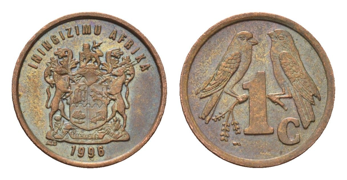 ЮАР 1 цент 1996 год-тип, герб, капские воробьи KM 158 сталь плакированная медью 4694-218