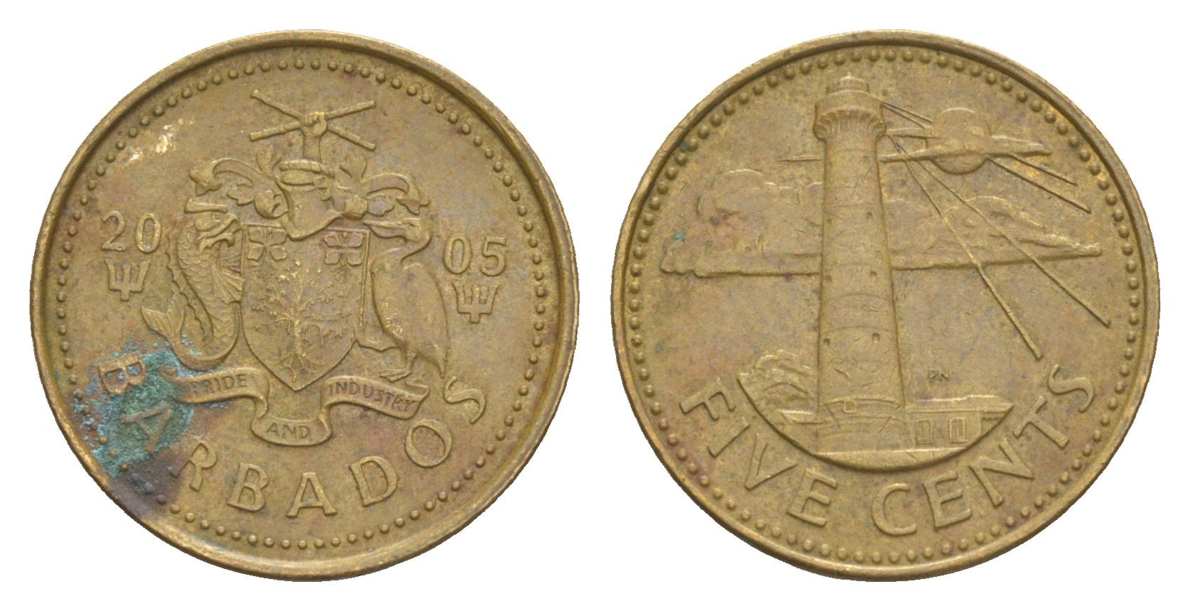 Барбадос 5 центов 2005 маяк Саут-Пойнт KM 11 латунь 4644-569