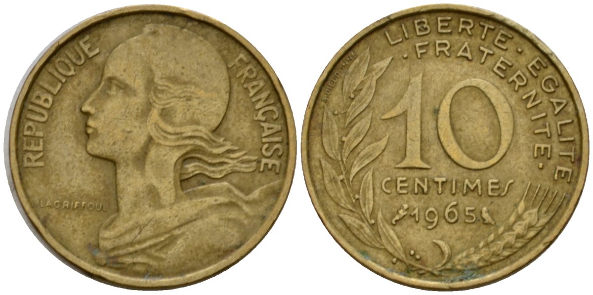 Франция 10 сантимов 1965 тип Marianne KM 929 алюминиевая бронза 92-714