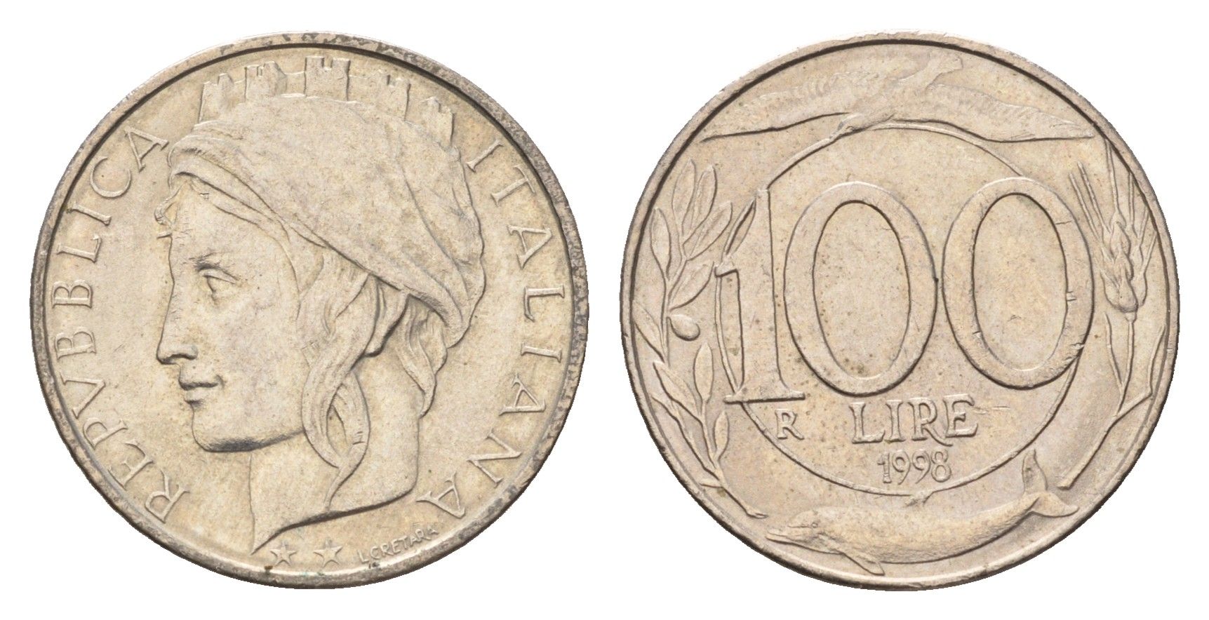 Италия 100 лир 1998 R, дельфины KM 159 медно-никель 4148-826
