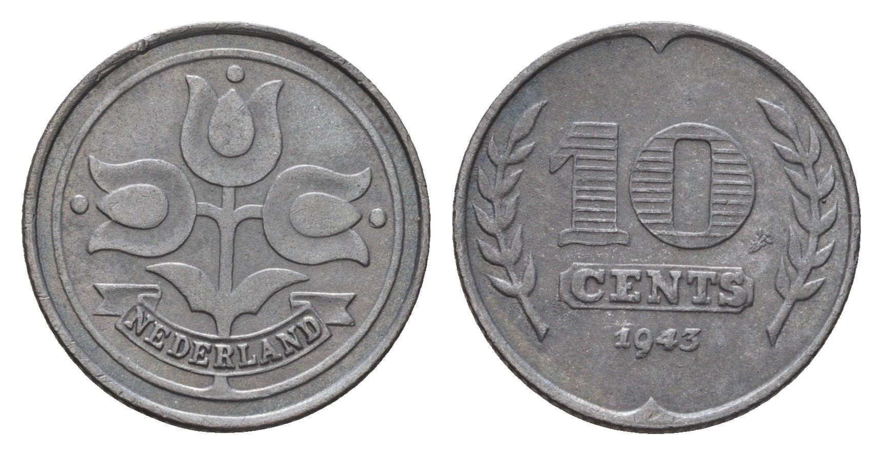 Нидерланды 10 центов 1943 Вильгельмина (1890-1948) KM 173 цинк 4675-917