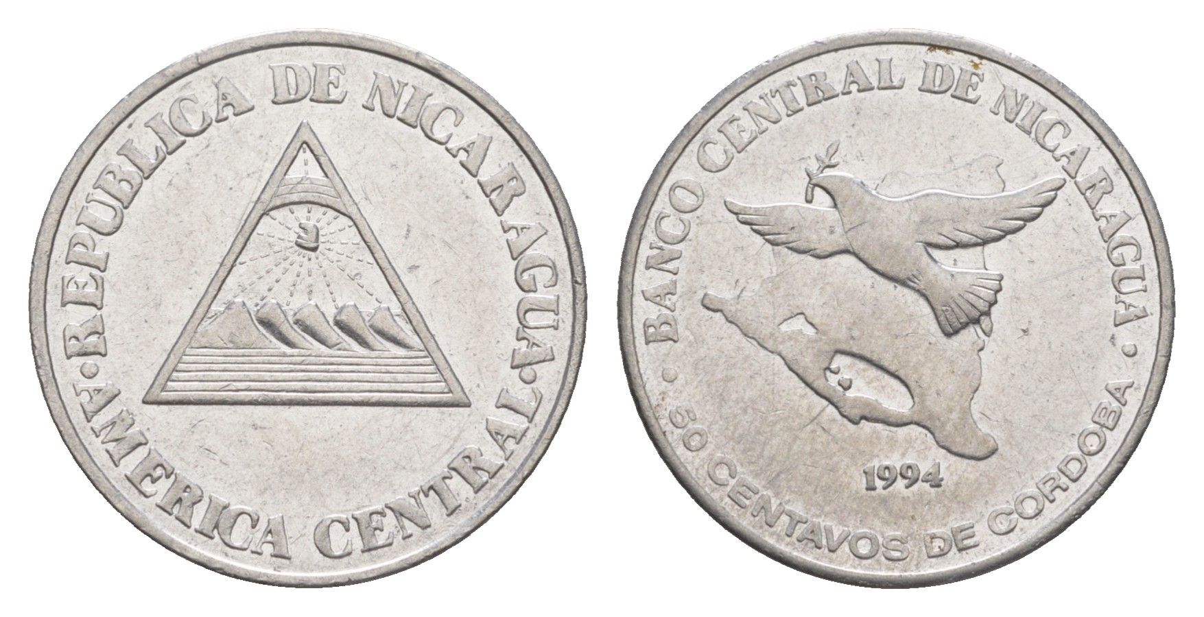 Никарагуа 50 сентаво 1994 KM 83 хромированная сталь 4640-1042