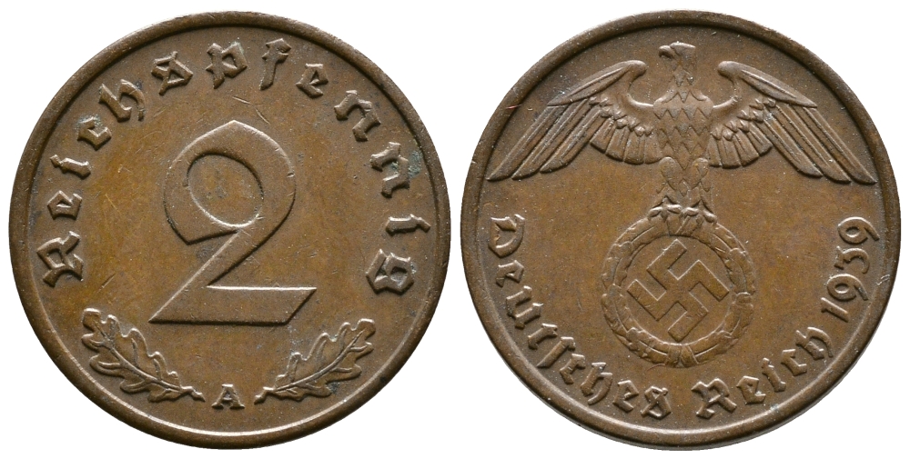 ГЕРМАНИЯ 2 РЕЙХСПФЕННИГА 1939 A KM 90, J. 362 бронза 4380-954
