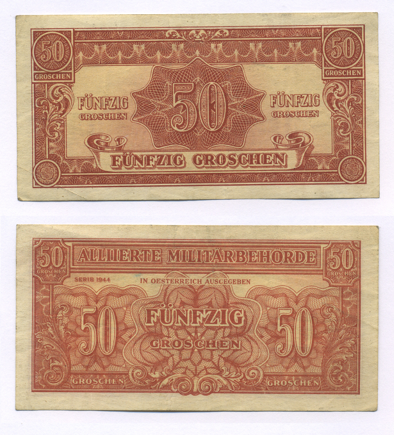 Австрия, Союзные военные власти 50 грошей 1944 Allierte Militaerbehoerde Pick 102 b бумага 6300-5-3-1