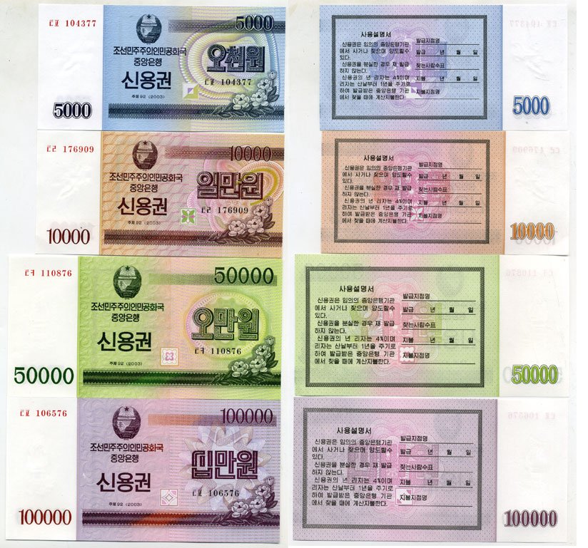 Северная Корея набор из 4 банкнот 2003 (5000, 10000, 50000, 100000 вонов) Pick NEW бумага UNC (пресс) 446-106-1