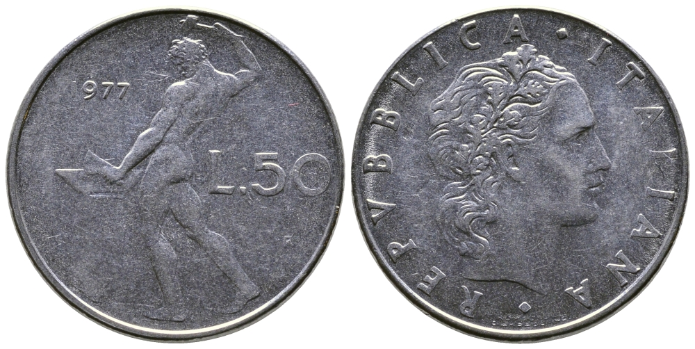 Италия 50 лир 1977 R, бог огня Вулкан у наковальни KM 95.1 сталь    4606-123