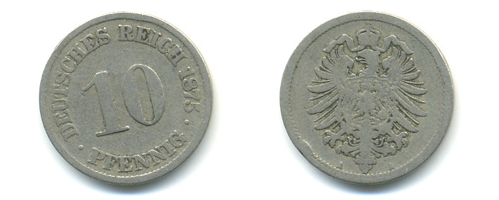 ГЕРМАНИЯ 10 ПФЕННИГОВ 1875 A, СТАРОГЕРБОВКА KM 4, J.4 медно-никель 4379-725