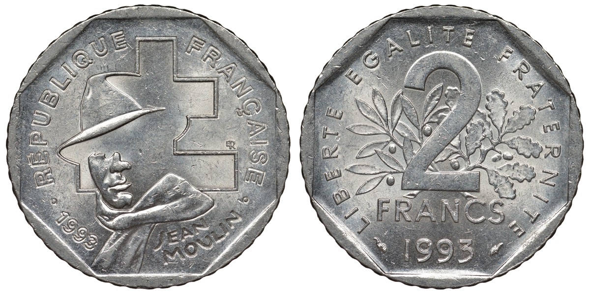 Франция 2 франка 1993 Жан Мулен, 50 лет Национальному движению сопротивления KM 1062, Le Franc 273.2 никель 4123-442