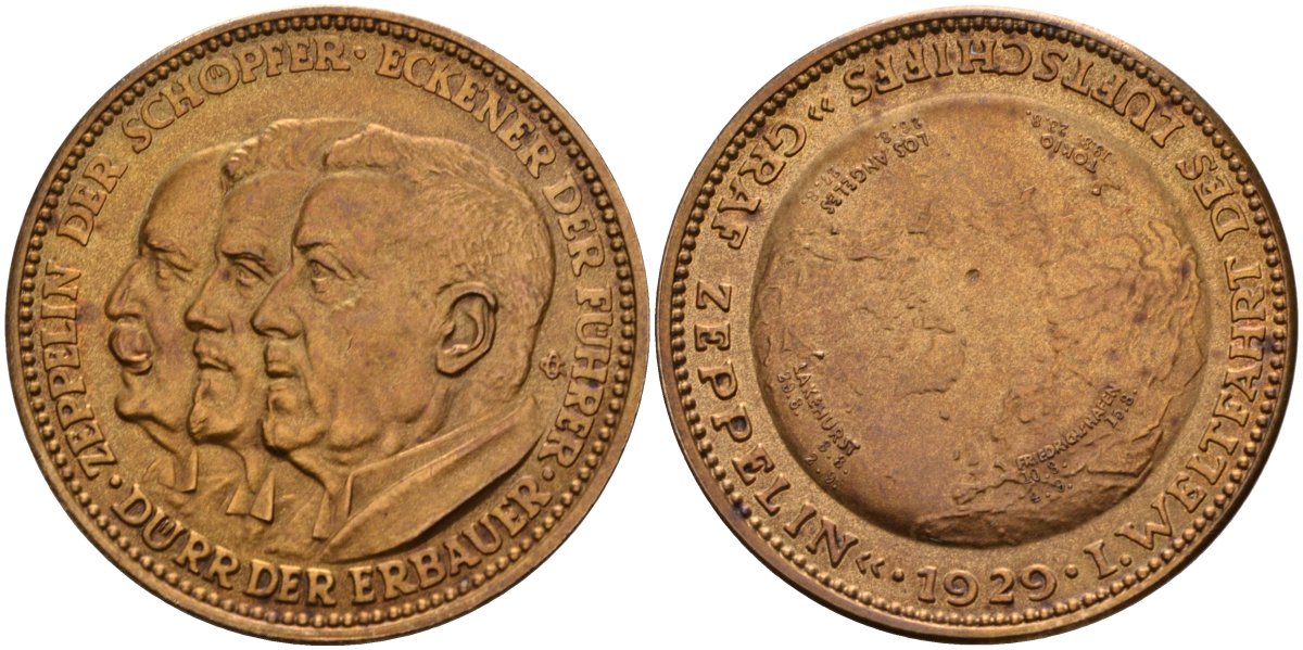 Германия медаль 1929 ZEPPELIN , кругосветный перелёт дирижабля, Веймарская республика, диаметр 36 мм Kaiser 511.1 бронза 1068-3-12