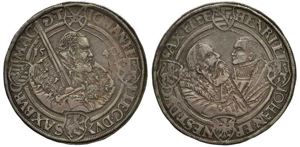 Саксония (курфюршество) 1 талер 1540 Иоганн Фридрих Великодушный, Генрих V Благочестивый и Иоганн Эрнст Dav. 9727 серебро 00-000-00