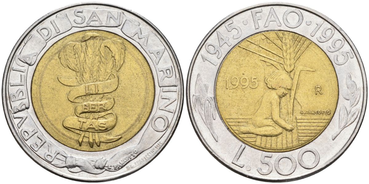 Сан-Марино 500 лир 1995 FAO, 50 лет организации KM 330 биметалл 86-733