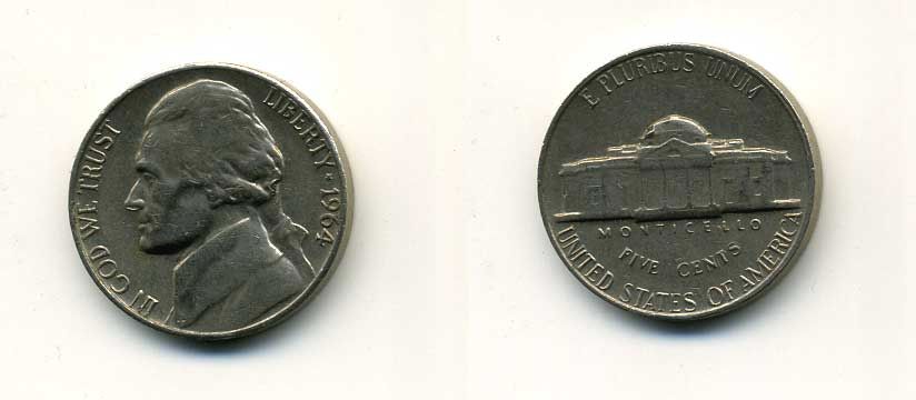 США 5 ЦЕНТОВ 1964 ДЖЕФФЕРСОН КМ А192 медно-никель 35-511