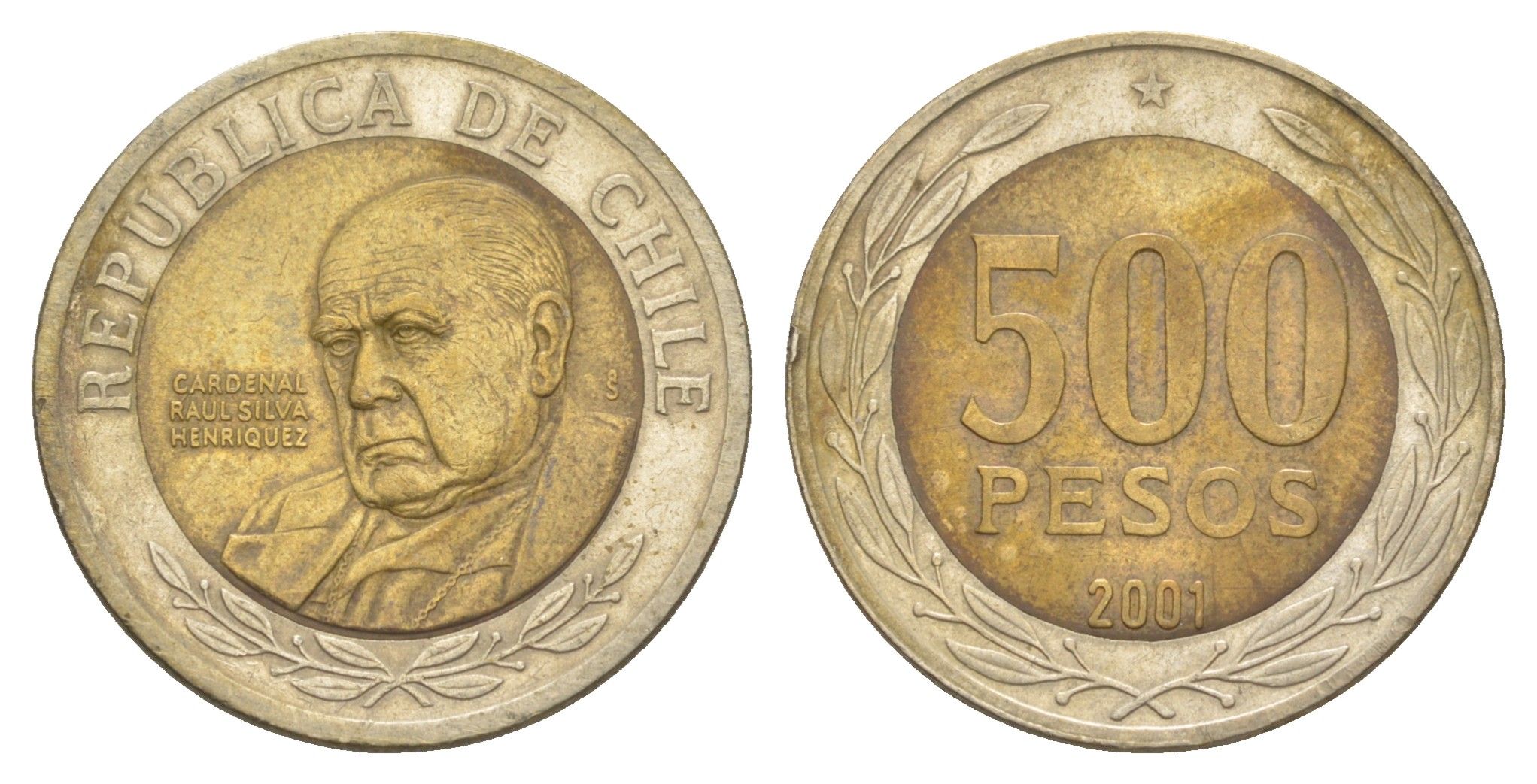 Чили 500 песо 2001 кардинал Рауль Сильва Энрикес (1907-1999) KM 235 биметалл 4523-1153