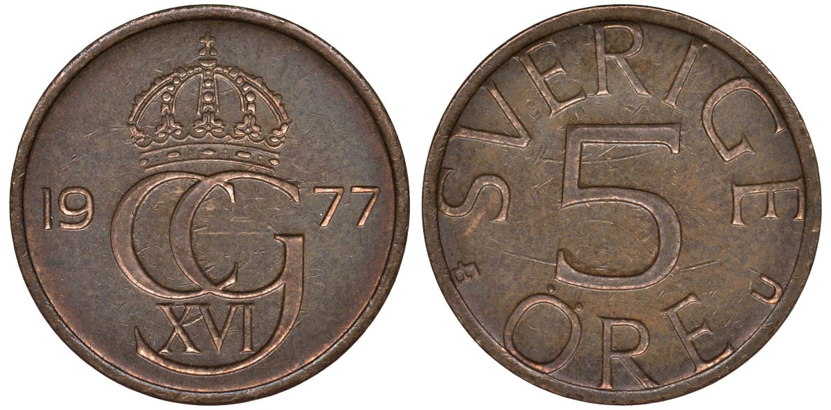 Швеция 5 эре 1977 Карл XVI Густав (1973- ) KM 849 бронза 4122-331