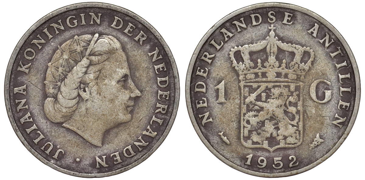 Нидерландские Антилы 1 гульден 1952 Юлиана (1948-1980) KM 2 серебро 36-822