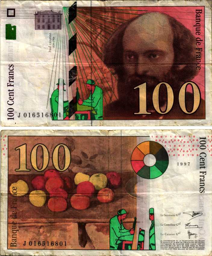 ФРАНЦИЯ 100 ФРАНКОВ 1997 ПОЛЬ СЕЗАНН, КАРТЕЖНИКИ Pick 158а бумага VF 7183-17-2-2