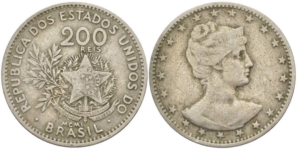 БРАЗИЛИЯ 200 РЕЙС 1901 ГОЛОВА СВОБОДЫ ВПРАВО, РИМСКАЯ НУМЕРАЦИЯ ДАТЫ KM 504 медно-никель 4529-552