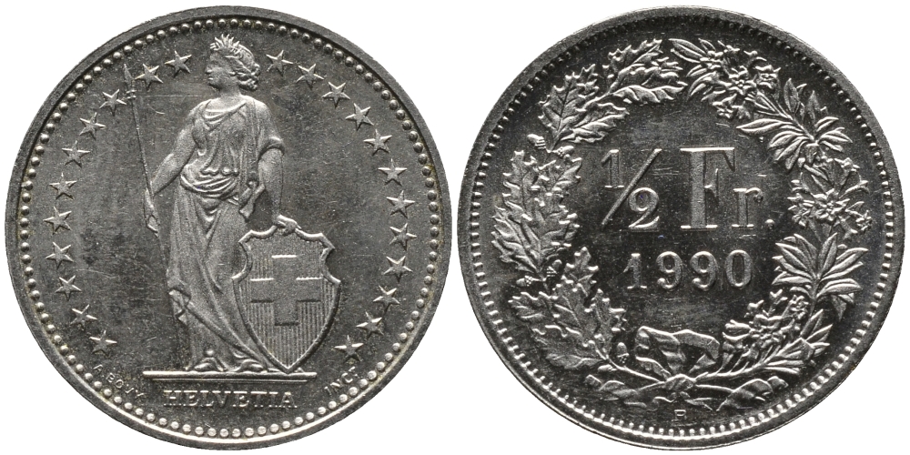 ШВЕЙЦАРИЯ 1/2 ФРАНКА 1990 В KM 23а.3 медно-никель UNC 96-1133
