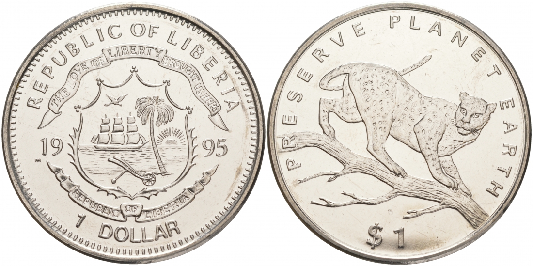 Либерия 1 доллар 1995 серия сохраним наш мир, леопард KM 133 медно-никель UNC M26-5
