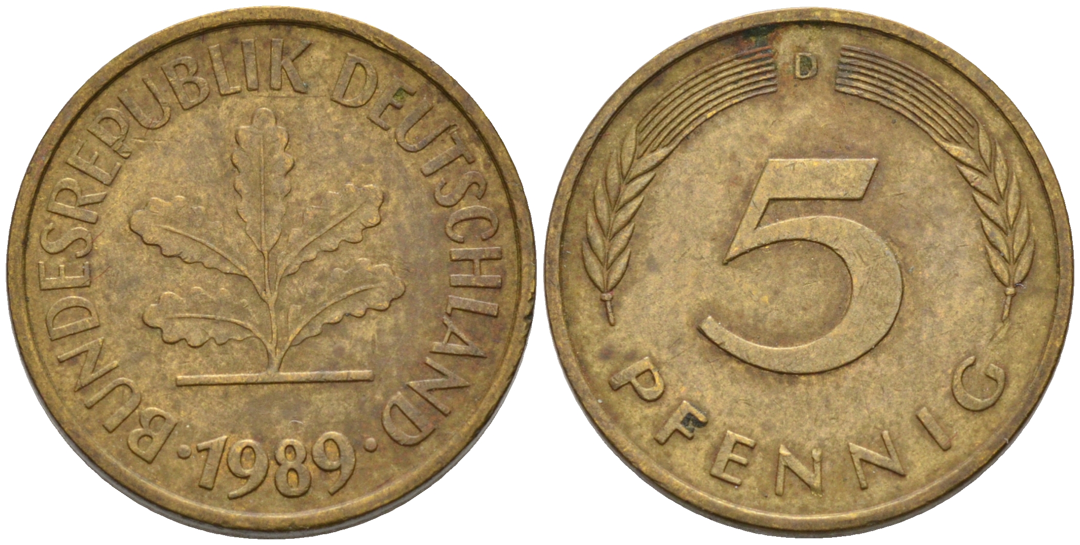 ФРГ 5 ПФЕННИГОВ 1989 D KM 107, J. 382 сталь плакированная латунью 75-518