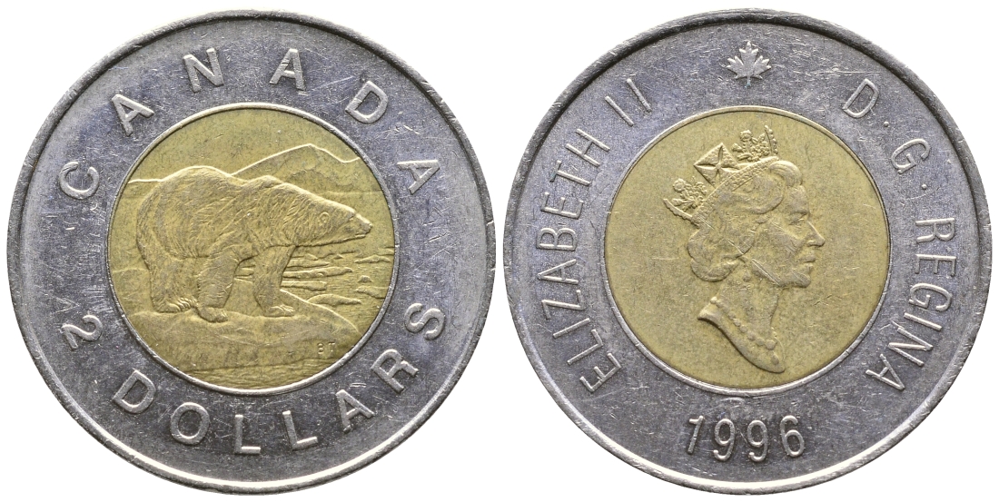 КАНАДА 2 ДОЛЛАРА 1996 ЕЛИЗАВЕТА II (1952-), ПОЛЯРНЫЙ МЕДВЕДЬ KM 270 биметалл 4364-1252