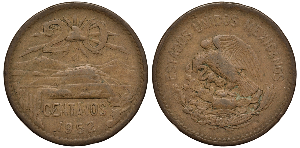 МЕКСИКА 20 СЕНТАВО 1952 ПИРАМИДА СОЛНЦА В ТЕОТИУАКАНЕ KM 439 бронза F 215-833