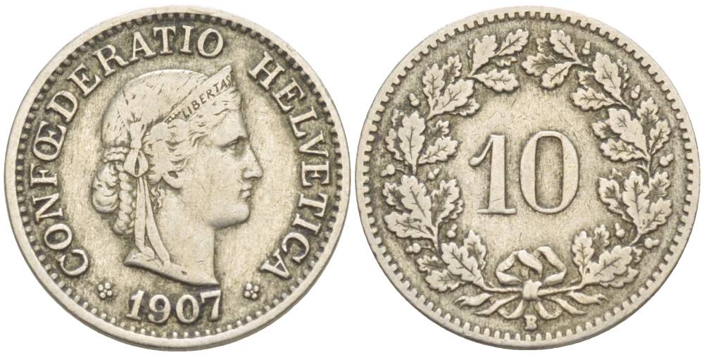 ШВЕЙЦАРИЯ 10 РАППЕНОВ 1907 В KM 27 медно-никель 4541-342