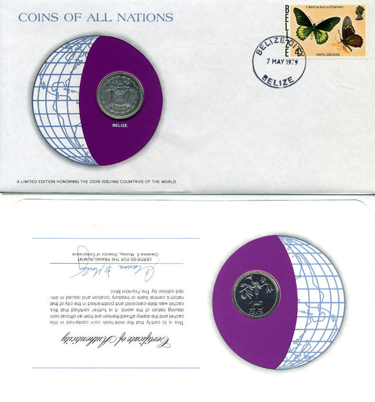 БЕЛИЗ 25 ЦЕНТОВ 1979 КОНВЕРТ С МАРКОЙ ПЕРВОГО ДНЯ ГАШЕНИЯ, COINS OF NATIONS KM 49 медно-никель BUNC 4294-25-3