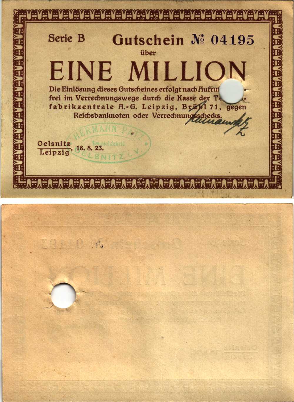 ЛЕЙПЦИГ 1000000 МАРОК 1923 НОТГЕЛЬД, 18 АВГУСТА 1923, СЕРИЯ B, НАДПЕЧАТКА HERMANN PATZ бумага 8608-15-3-1