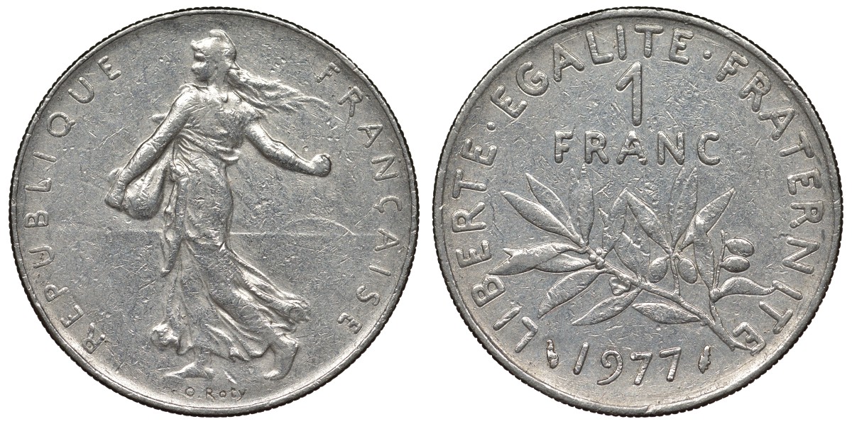 Франция 1 франк 1977 сеятель KM 925.1, Le Franc 226.22 никель 4128-434