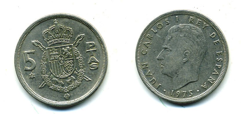 Испания 5 песет 1975 (79) Хуан Карлос I (1975-2014) KM 807 медно-никель 25-2041