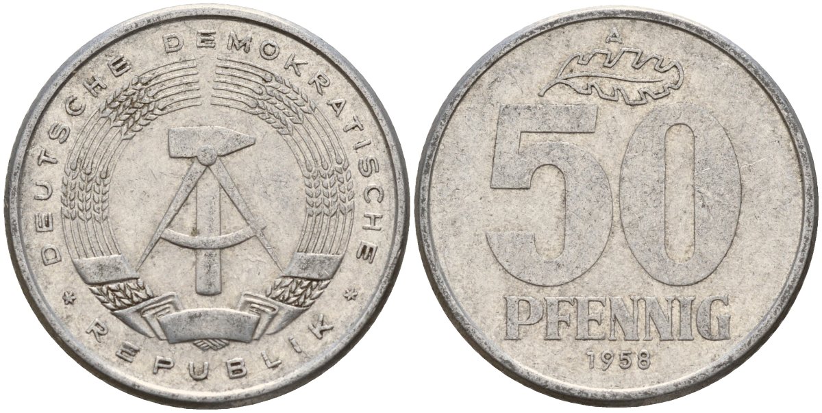 ГДР 50 пфеннигов 1958 A KM 12.1 алюминий 108-1143