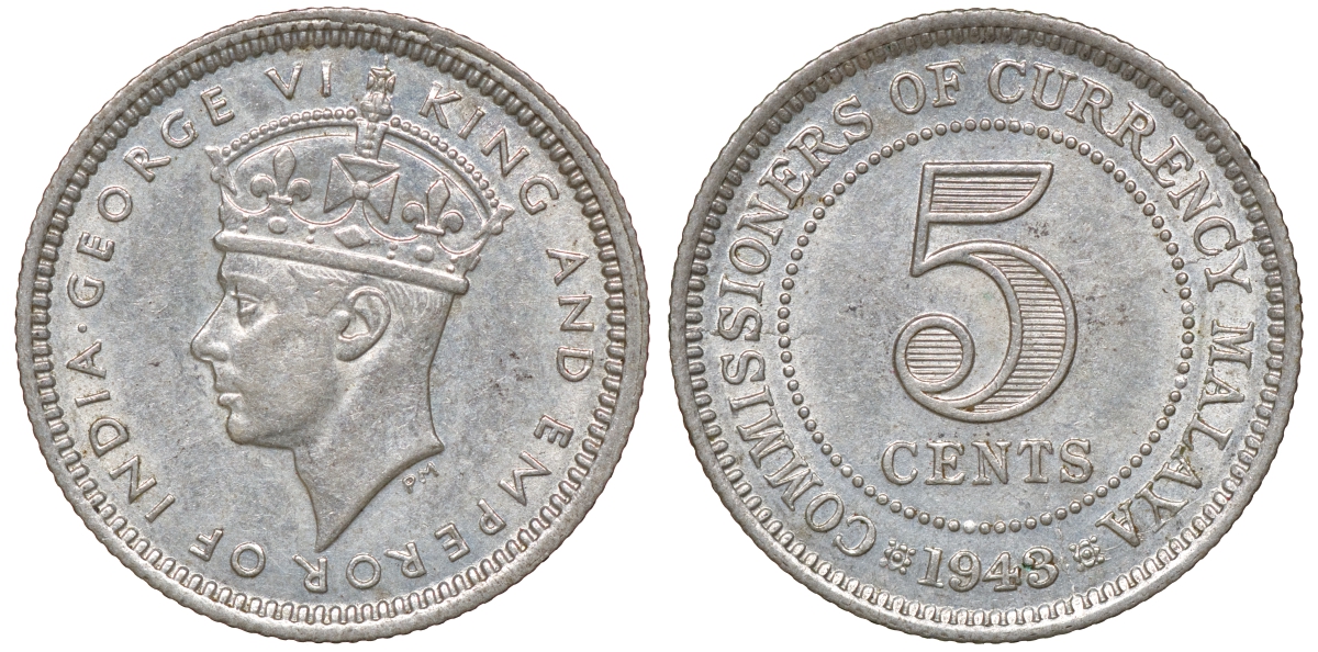 Британская Малайя 5 центов 1943 Георг VI (1937-1952) KM 3a серебро 53-156