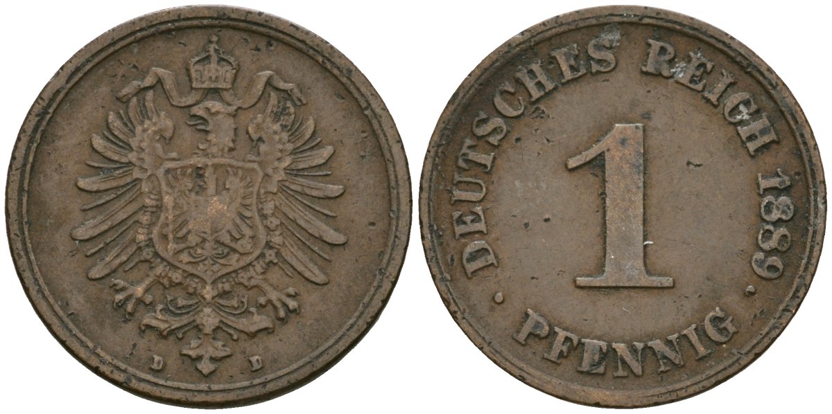 Германия 1 пфенниг 1889 D, Вильгельм I (1871-1888) KM 1, J. 1 медь 4387-1016