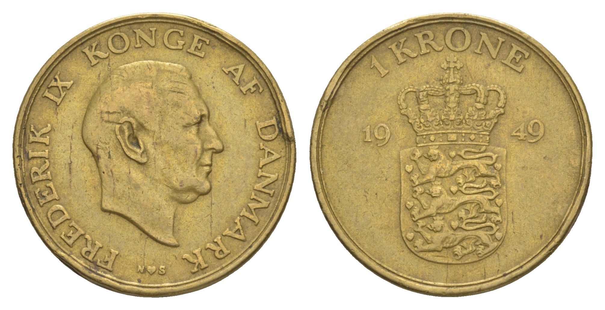Дания 1 крона 1949 N, Фредерик IX (1947-1972) KM 837 алюминиевая бронза 4638-723