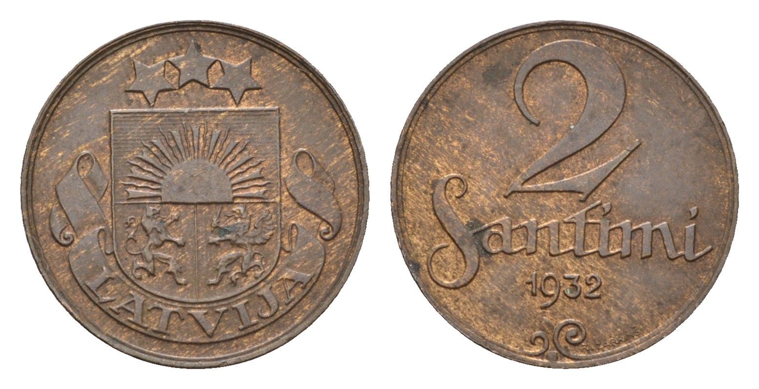 Латвия 2 сантима 1932 KM 2 бронза 4679-238