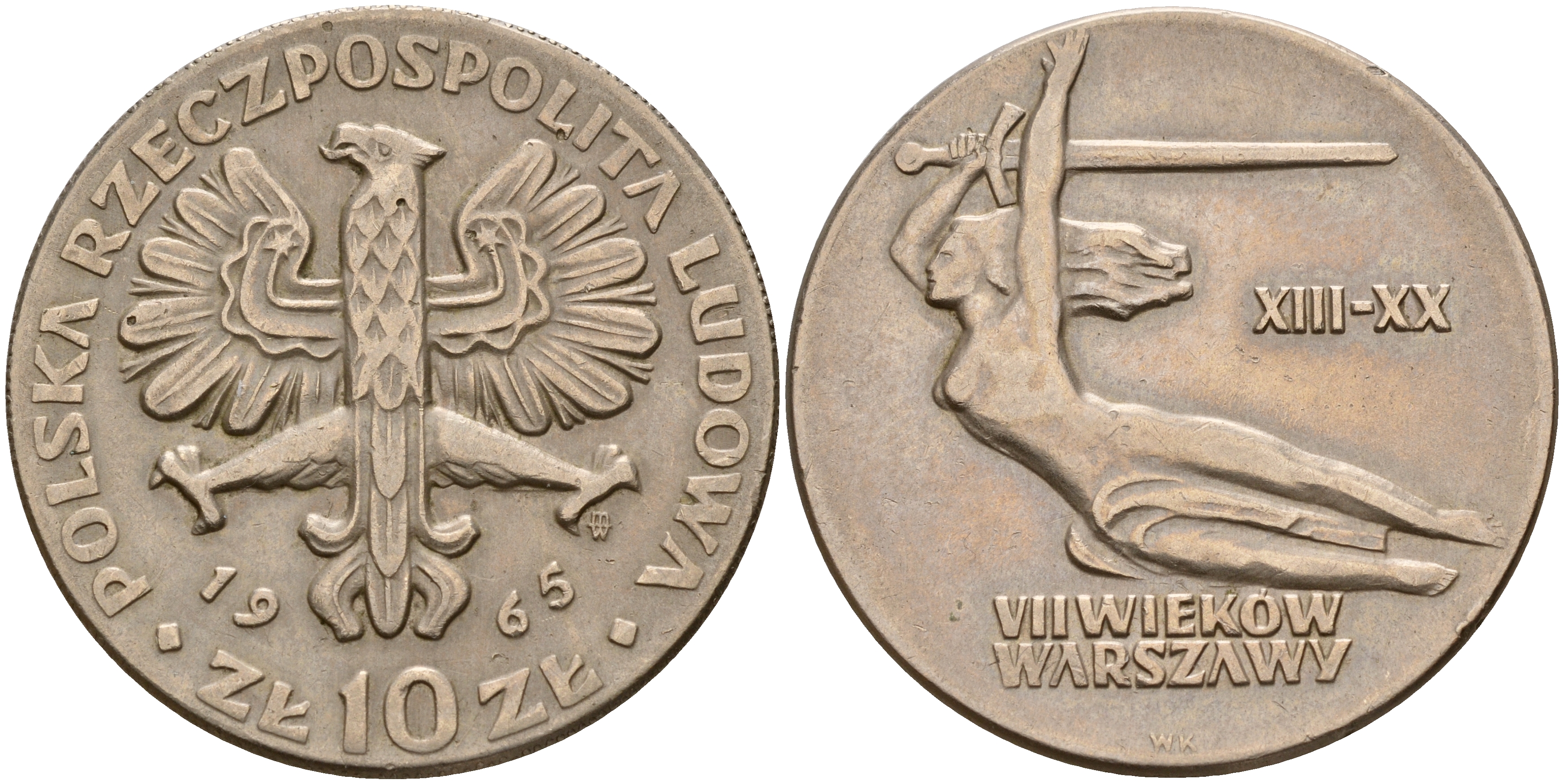 Польша 10 злотых 1965 700 лет Варшаве, богиня победы Ника с мечем KM 54 медно-никель 4157-836